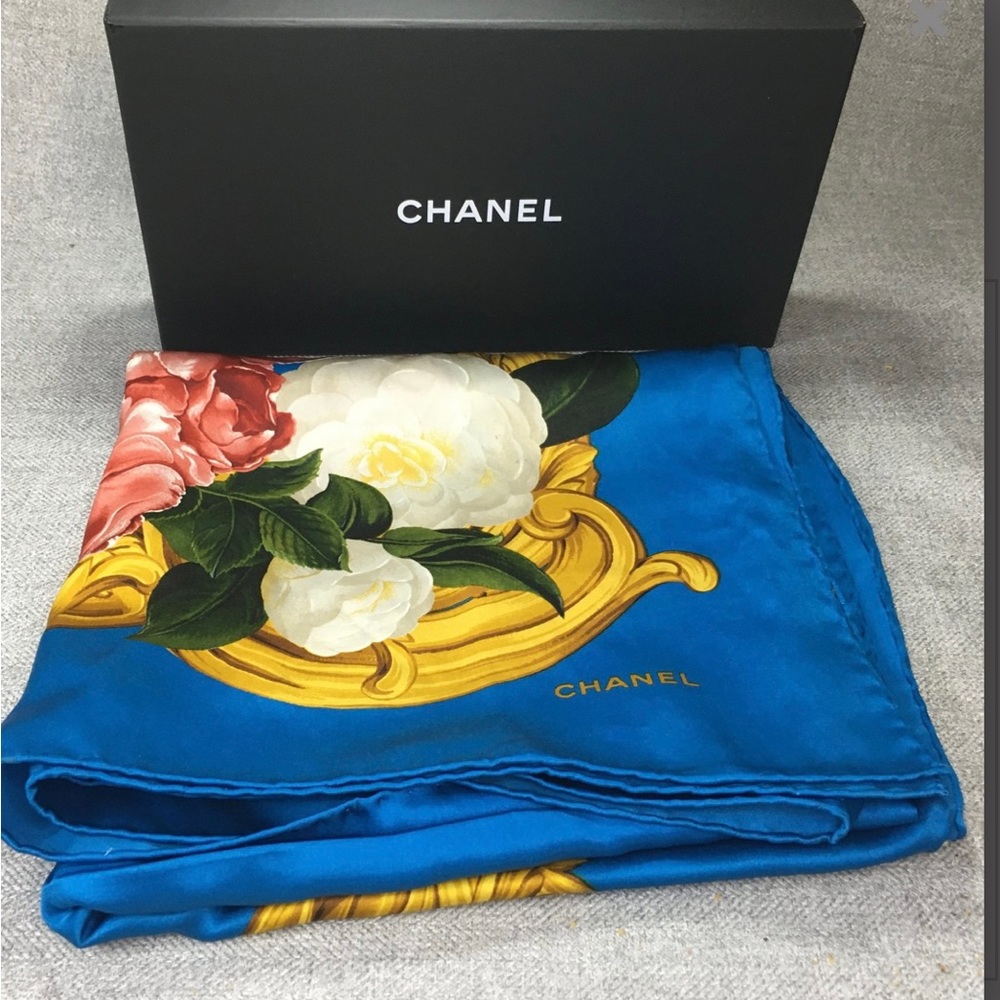 Authentic CHANEL Silk Scarf W/ original 📦 Florals Royal Blue Nice Rolled Edge